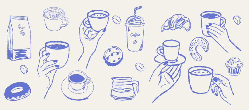 A collection of illustrations featuring food and drink. Hands holding cups of coffee. A croissant and scones for tea. Elements drawn by hand using chalk, pencil, ink or pen