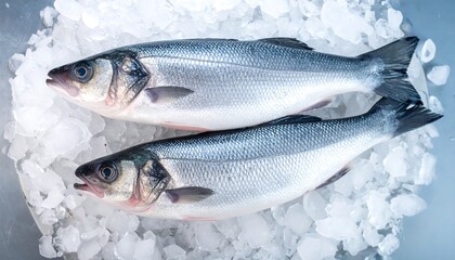 Fototapeta premium Overhead view of two fresh whole sea bass fish arranged on a pile of crushed ice seafood