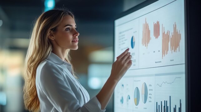 A businesswoman giving a presentation with charts and graphs on a screen