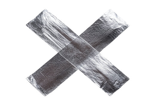 Two pieces of silver duct tape cross in X shape, grey adhesive tape, sticky construction material repair isolated on white or transparent background, png cut out