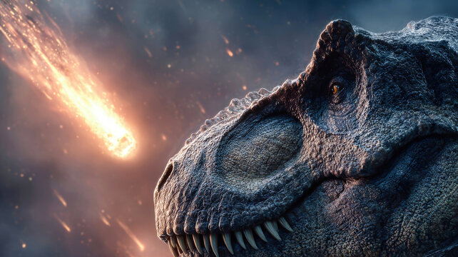 A Tyrannosaurus rex runs away as a massive meteorite hurtles fro