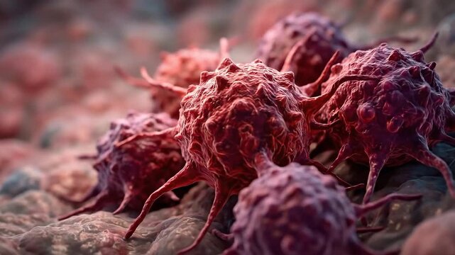 Microscopic view of cancer cells in the human body, suitable for medical presentation, healthcare research, biology education, and clinic video.