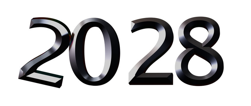 Bold metallic numbers 2028 isolated on white. Ideal for futuristic concepts, New Year cel