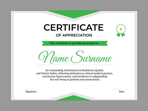Elegant Certificate of Appreciation for excellence in Healthcare Quality and Patient Safety, featuring green decorative design and star badge for recognition.