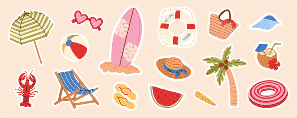 Cute summer beach stickers set vector. Tropical vacation collection with surfboard, palm tree, watermelon, umbrella, seashell, cocktail and travel elements in hand drawn style. Isolated on background. © Hanna Bykova