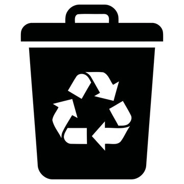 Minimalist vector graphic illustration of a black trash can icon featuring a white recycle symbol used for waste management and ecological awareness concepts