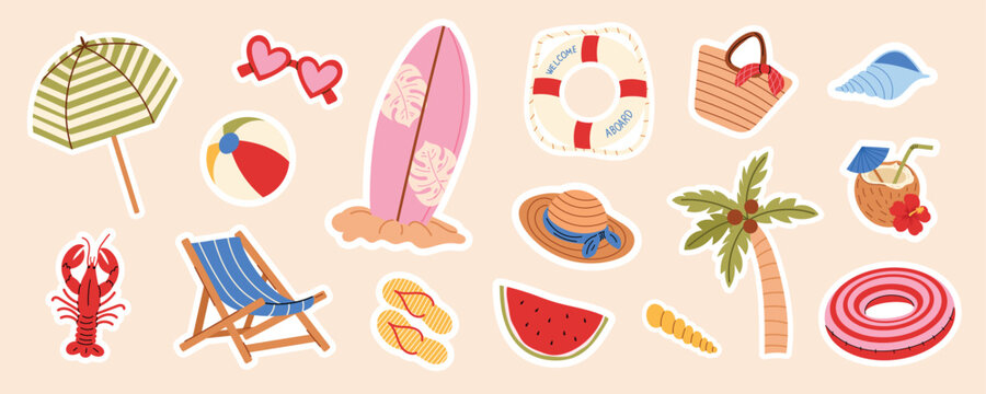 Cute summer beach stickers set vector. Tropical vacation collection with surfboard, palm tree, watermelon, umbrella, seashell, cocktail and travel elements in hand drawn style. Isolated on background.