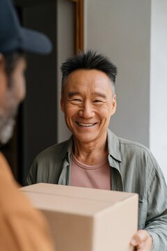 Older man smiling while receiving package at doorway