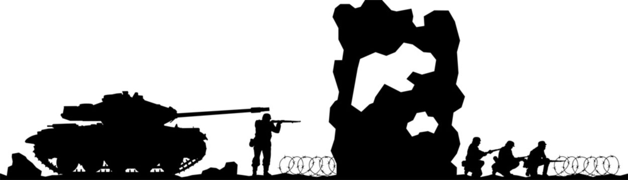 Une silhouette d'un champ de bataille de la Seconde Guerre mondiale. Soldats &agrave; l'assaut, char de combat et ruines