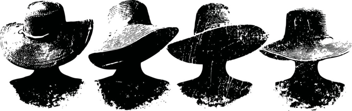 Vintage straw sun hats set on mannequin heads, summer beachwear accessories collection