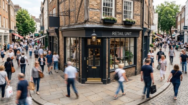 Exterior medium view of a retail unit at the corner of a busy pedestrian street the building facade sharp while passersby softly fade out.