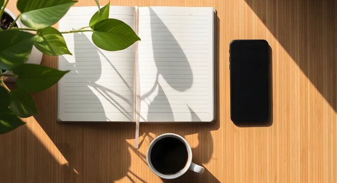 Overhead view of an open notebook smartphone and coffee cup on a wooden desk illuminated by sunlight