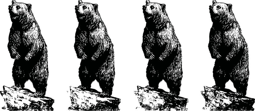 standing bear illustration in black and white vintage with rocky base set of four