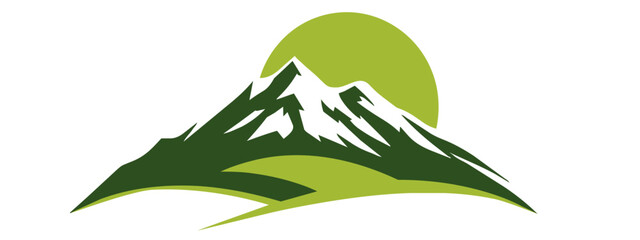 Naklejka premium Green silhouette of mountains peaks sunset sunrise landscape banner panorama illustration adventure travel icon vector for logo, isolated on transparent background