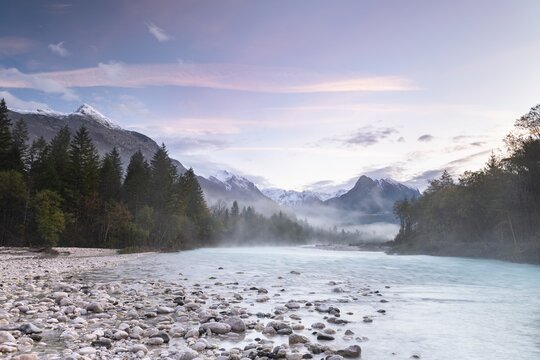 River Soca with Svinjak Mountain in the morning, Soca Valley, Kanin Mountains, Julian Alps, Bovec, Triglav National Park, Slovenia