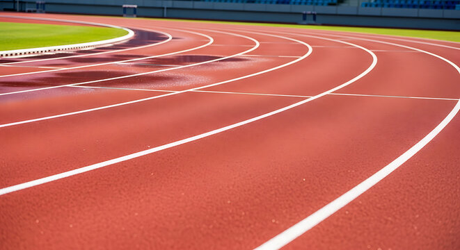 Empty red running track with white lane markings curving around a green field in an outdoor stadium.