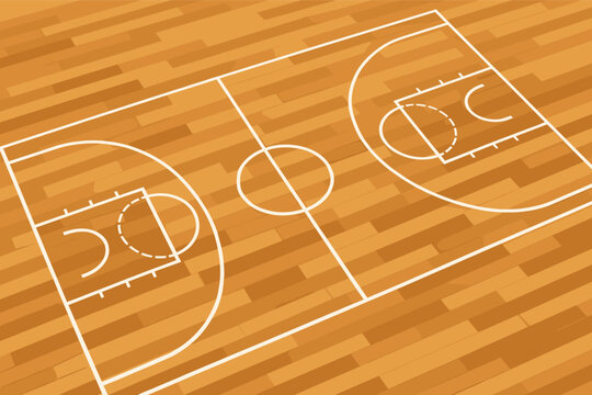 Angled Top View of a Professional Basketball Court with Polished Wooden Hardwood Floor Texture and Clean White Line Markings for Sports Arena Gym Background Vector Illustration Design