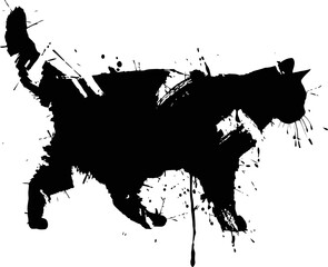 Obraz premium Black cat silhouette with ink splatter effect abstract feline shape, artistic paint splash design with grunge texture