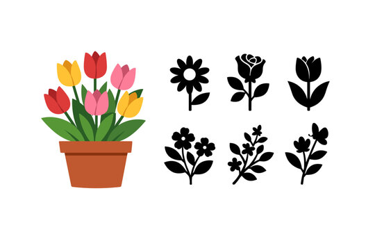Flat design vector illustration of a colorful potted tulip cluster with red, yellow, and pink flowers plus six black floral silhouette icons including rose, daisy, and tulip isolated on white.