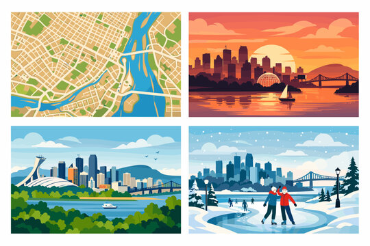 Set of Montreal Travel Posters and Urban City Map Illustration featuring Iconic Landmarks like the Olympic Stadium, Biosphere, Jacques Cartier Bridge, Skyline at Sunset, and Winter Ice Skating.