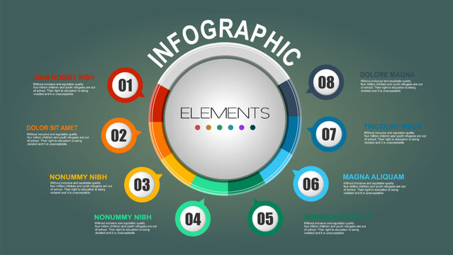Modern radial infographic with 8 elements, ideal for analytics, business reports, statistics, and presentation design with clean circular layout and colorful accents.