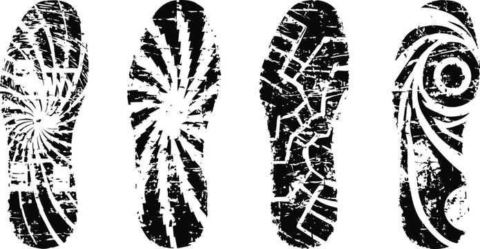 Worn shoe soles set with various tread patterns in black grunge print