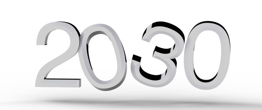 3D render of the number 2030 in a minimalist design, representing the future concept on white. Ideal for business, techn