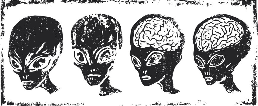 alien head sketches showing progressive brain exposure and detailed facial features in monochrome