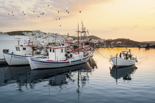 Evening atmosphere, harbour with fishing boats, Naoussa harbour town, Paros island, Cyclades, Greece