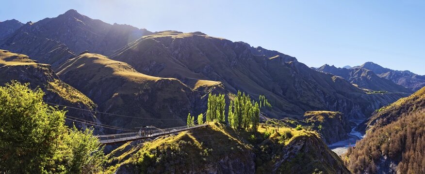 Skippers Canyon, suspension bridge over Shotover River, Queenstown, Otago Region, South Island, New Zealand