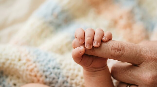 Newborn baby hand holding father finger, tiny infant fingers grasping parent hand, soft knitted blanket background, concept of fatherhood and protection