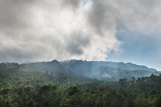 Mountain landscape with dramatic clouds, Alta Rocca, L'Osp&eacute;dale, Corsica, France