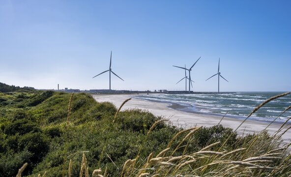 Beach, wind turbines at the sea, Hirtshals, Denmark