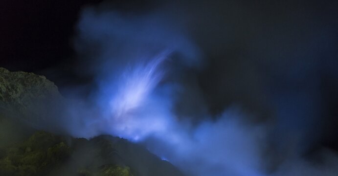 Vulcano Kawah Ijen, blue fire in volcano crater, volcanic complex Ijen, Eastern Java, Java, Indonesia