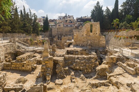 Roman ruins next to the Romanesque St. Anne's Church, Old Town, Jerusalem, Israel