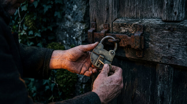 Hands Fumbling with Antique Padlock and Rusty Door Latch in Dim Light