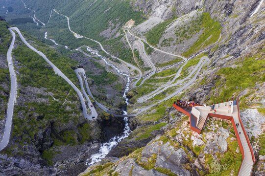 Plattingen viewing platform, aerial view, hairpin bends at the mountain road Trollstigen, near &Aring;ndalsnes, M&oslash;re og Romsdal, Vestland, Norway