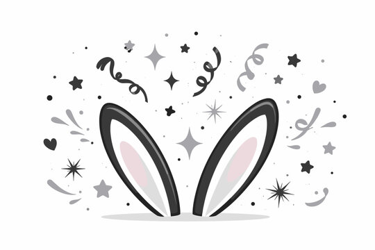Playful Bunny Ears Illustration in Black and Gray with Festive Confetti, Stars, and Sparkles. Simple Flat Vector Design for Easter Celebrations, Party Invitations, and Holiday Greeting Cards.