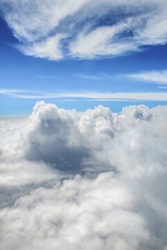 View over the clouds, cloudy sky, aerial view from airplane, New Zealand