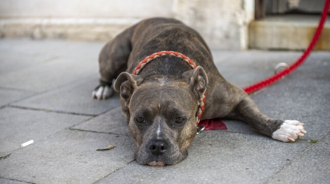 Dog lying lazy on the ground, leashed dog, italy