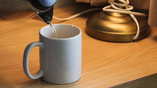 Pouring hot water from stainless steel electric kettle into white mug at night under warm bedside lamp, cozy evening drink preparation, tea on wooden table.