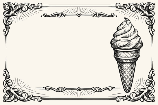 Vintage Engraved Ice Cream Cone Illustration in an Ornate Decorative Frame; Retro Soft Serve Waffle Cone Sketch for Parlor Sign, Menu Template, and Antique Style Food Branding Design
