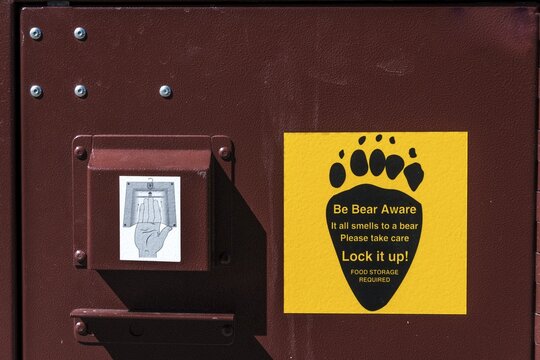 Be Bear Aware, bear safe trash can, Grand Teton National Park, Wyoming, USA