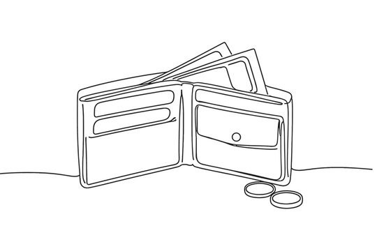 Continuous line drawing of an open leather wallet with paper money banknotes and coins on white background. Minimalist vector illustration for finance, banking, savings, and payment concepts.