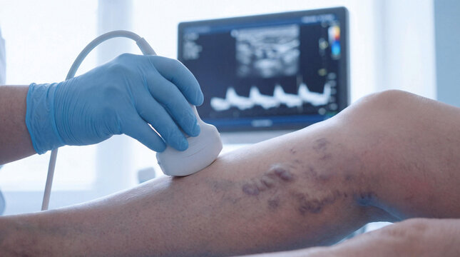 Doctor performing a Doppler ultrasound on a patient's leg to diagnose and examine varicose veins. Medical vascular health check