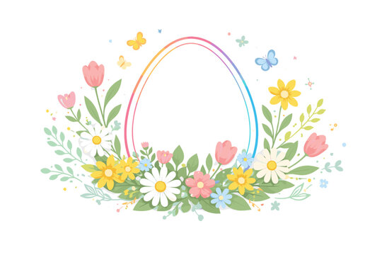 Happy Easter Greeting Card Template with Egg Shape Frame and Colorful Spring Flowers, Daisies, Tulips, and Butterflies on White Background. Vector Illustration for Social Media or Web Banner.