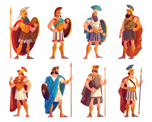 Obraz premium Ancient Greek wars set. Spartan soldier, warrior mythology hero, shield spear helmet armor cloak historical character male vector illustration