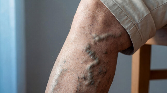 Close-up showing severe varicose veins on a person's leg, a common medical condition related to poor circulation