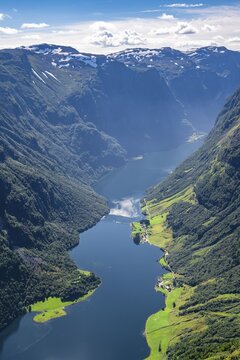 View from the top of Breiskrednosi, mountains and fjord, N&aelig;r&oslash;yfjord, Aurland, Norway