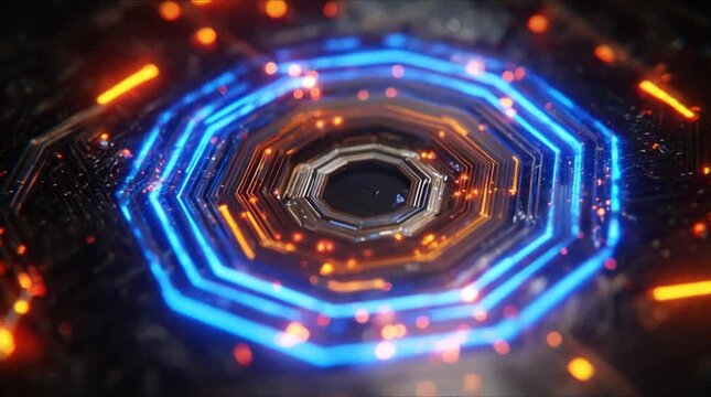 Sophisticated cyber security center with rotating neon blue octagon layers and data transmission (AI Generated)